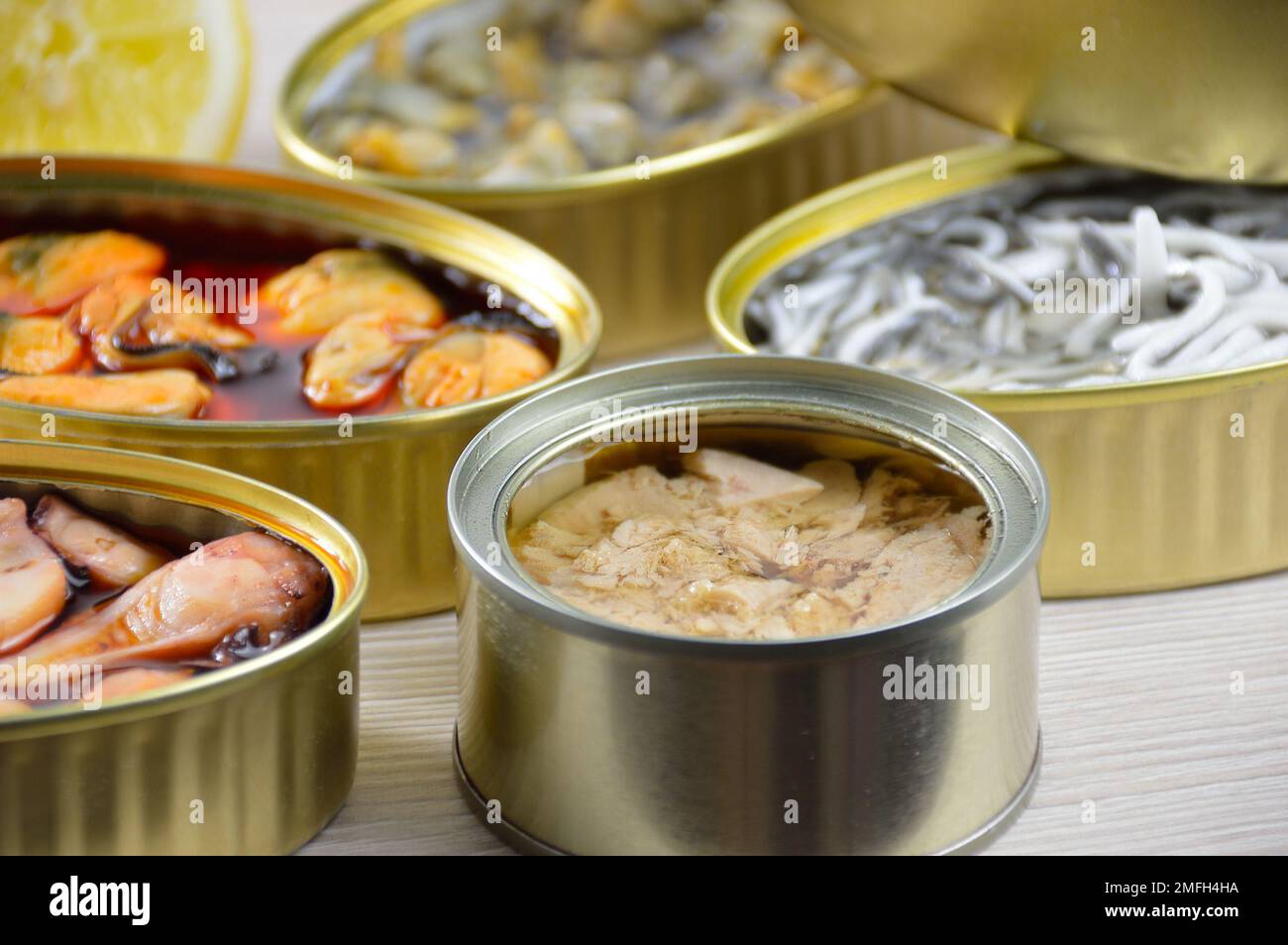 Assortment of cans of canned with different types of fish and seafood