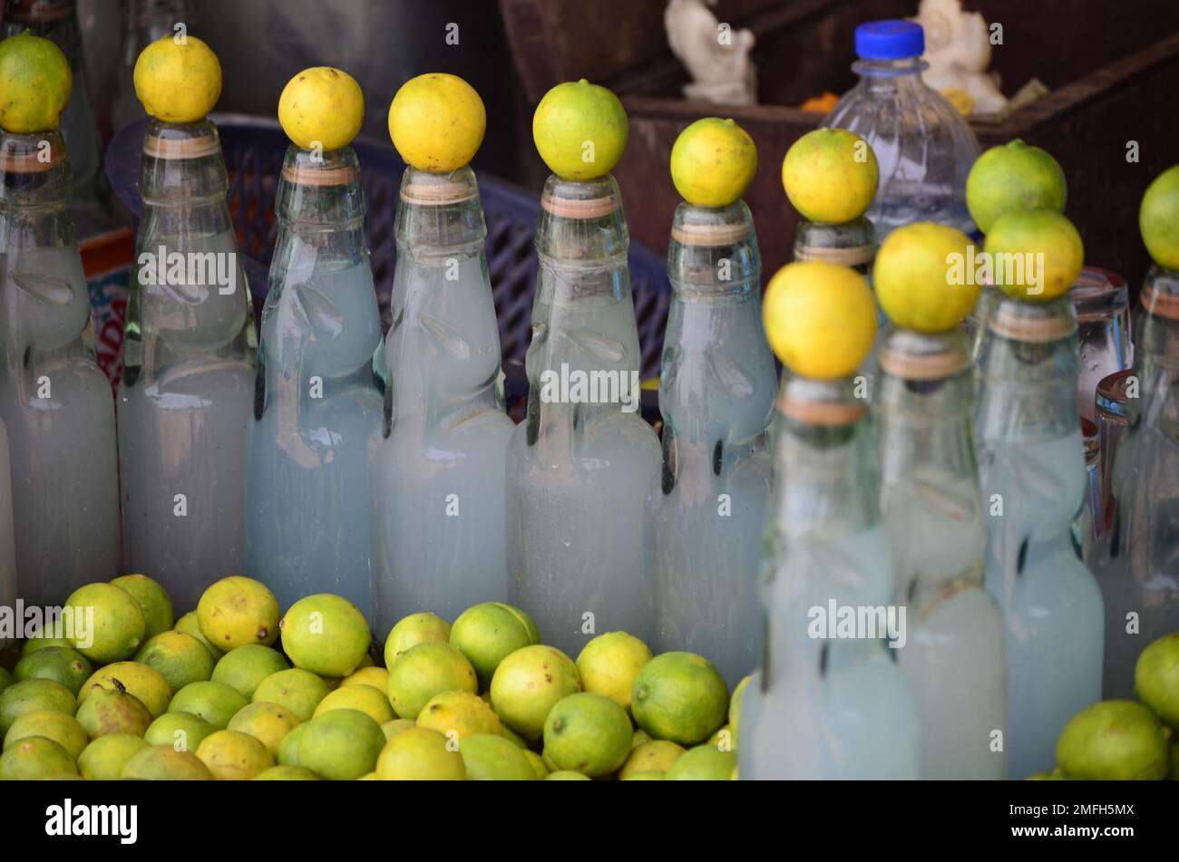 A closeup of bottles with Meyer lemon Stock Photo