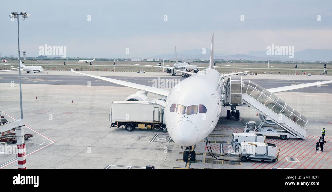 Airport runway, global travel and airplane ready for takeoff, international flight and commercial transportation. Air transport, journey and plane at Stock Photo