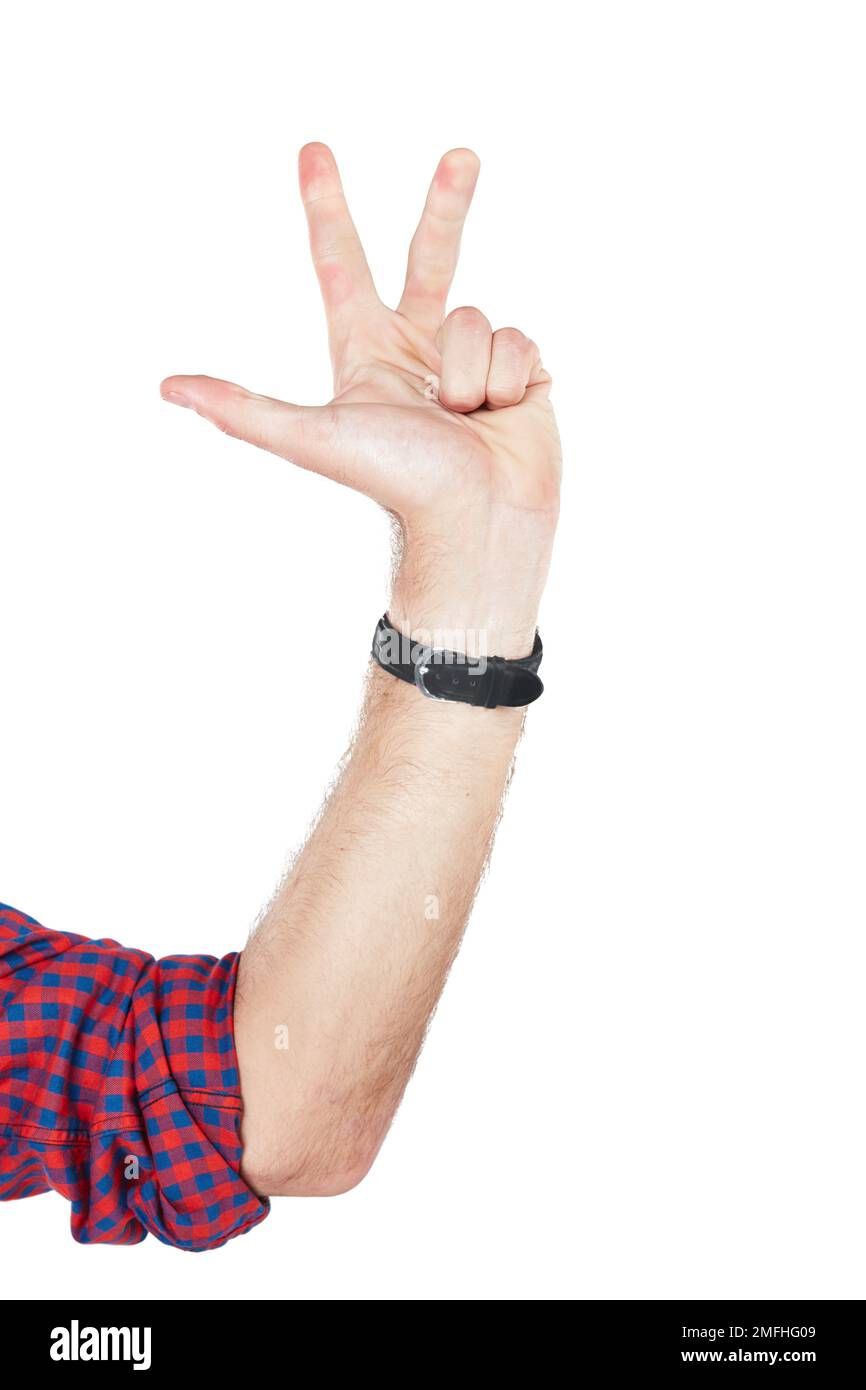 Numbers, counting and hand of a man with a countdown isolated on a