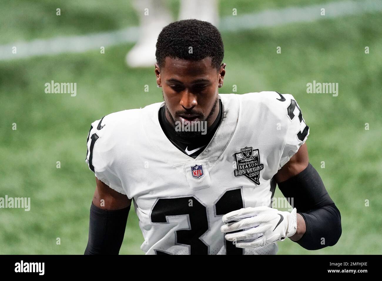 Las Vegas Raiders cornerback Isaiah Johnson (31) wear his Salute to Service  helmet sticks on his helmet during an NFL football game, Sunday, November  8, 2020, in Inglewood, Calif. (AP Photo/Peter Joneleit