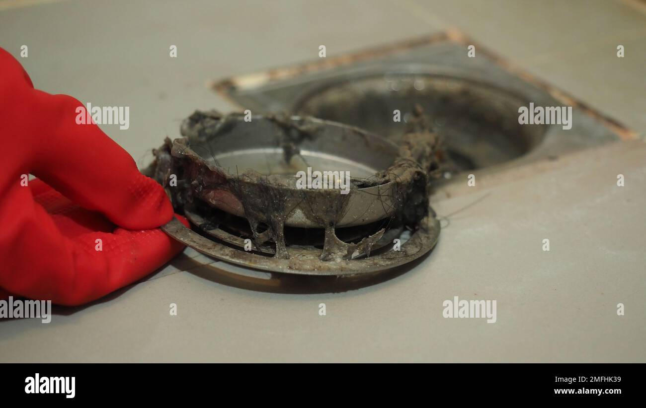 Drain cleaning. Clogged and dirty sewer pipes floor drain. Full of hair