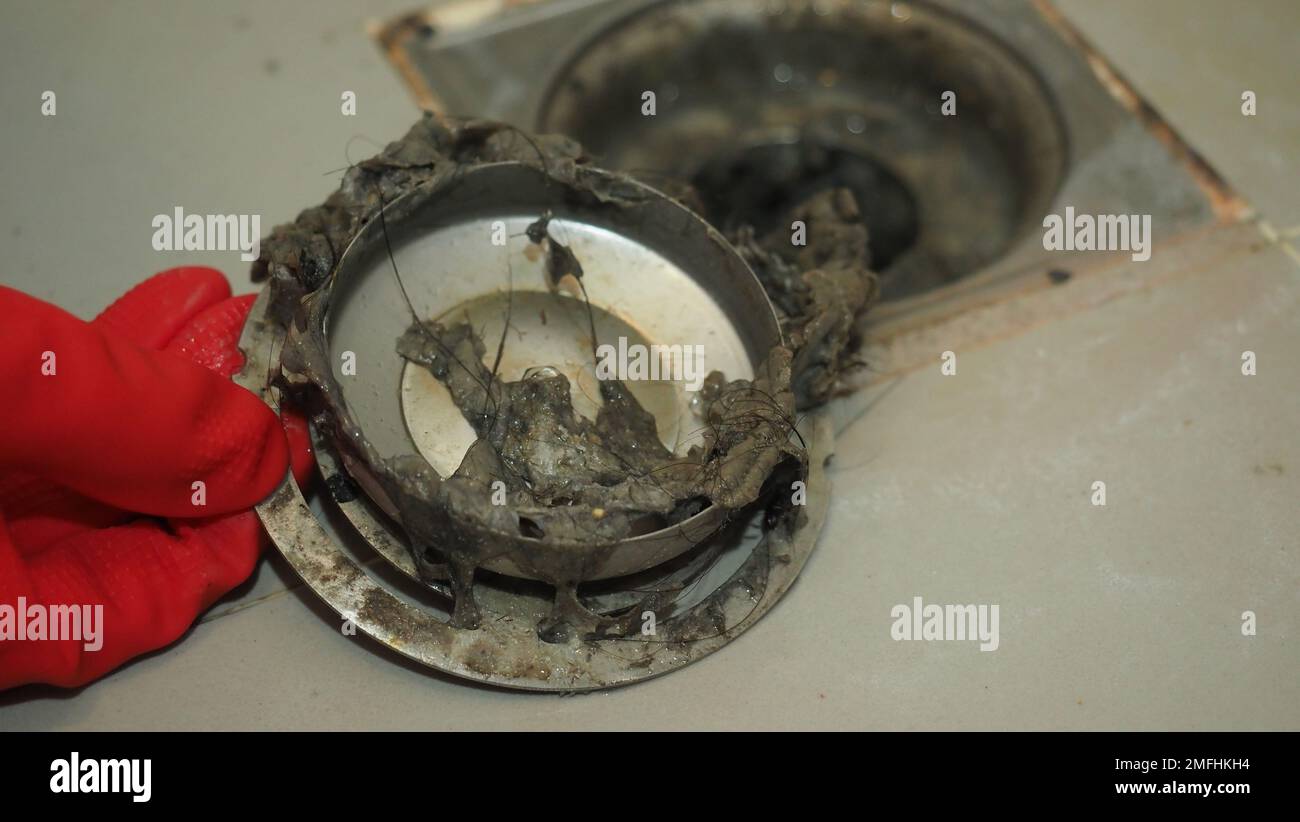 Drain cleaning. Clogged and dirty sewer pipes floor drain. Full of hair