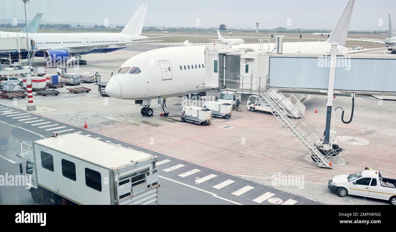 Airport runway, travel and cargo for airplane for takeoff, international flight and commercial transportation. Air transport, global destination and Stock Photo