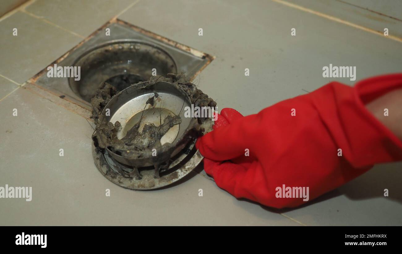 Drain cleaning. Clogged and dirty sewer pipes floor drain. Full of hair