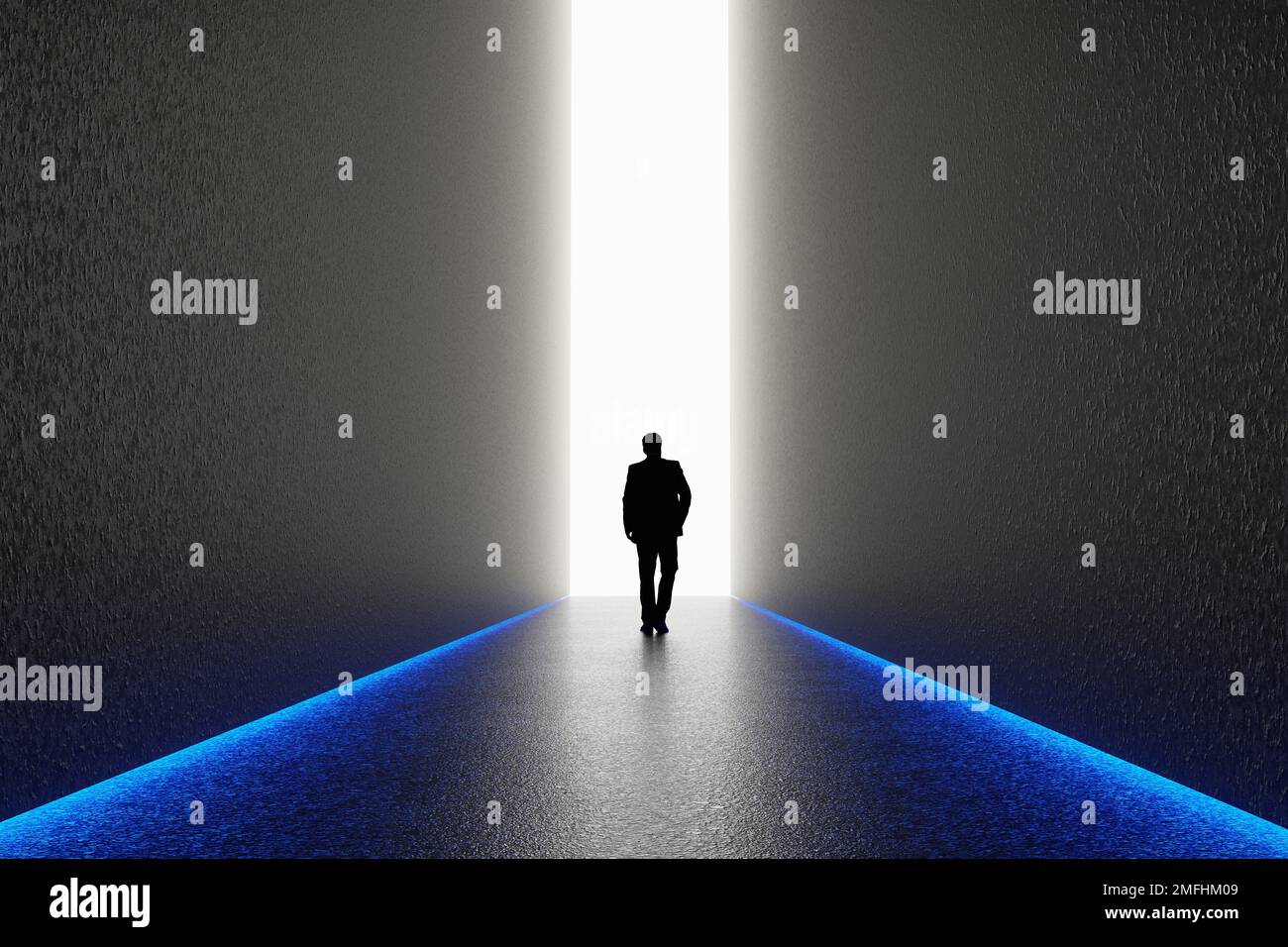 The silhouette of a man walking towards a bright light in the opened ...