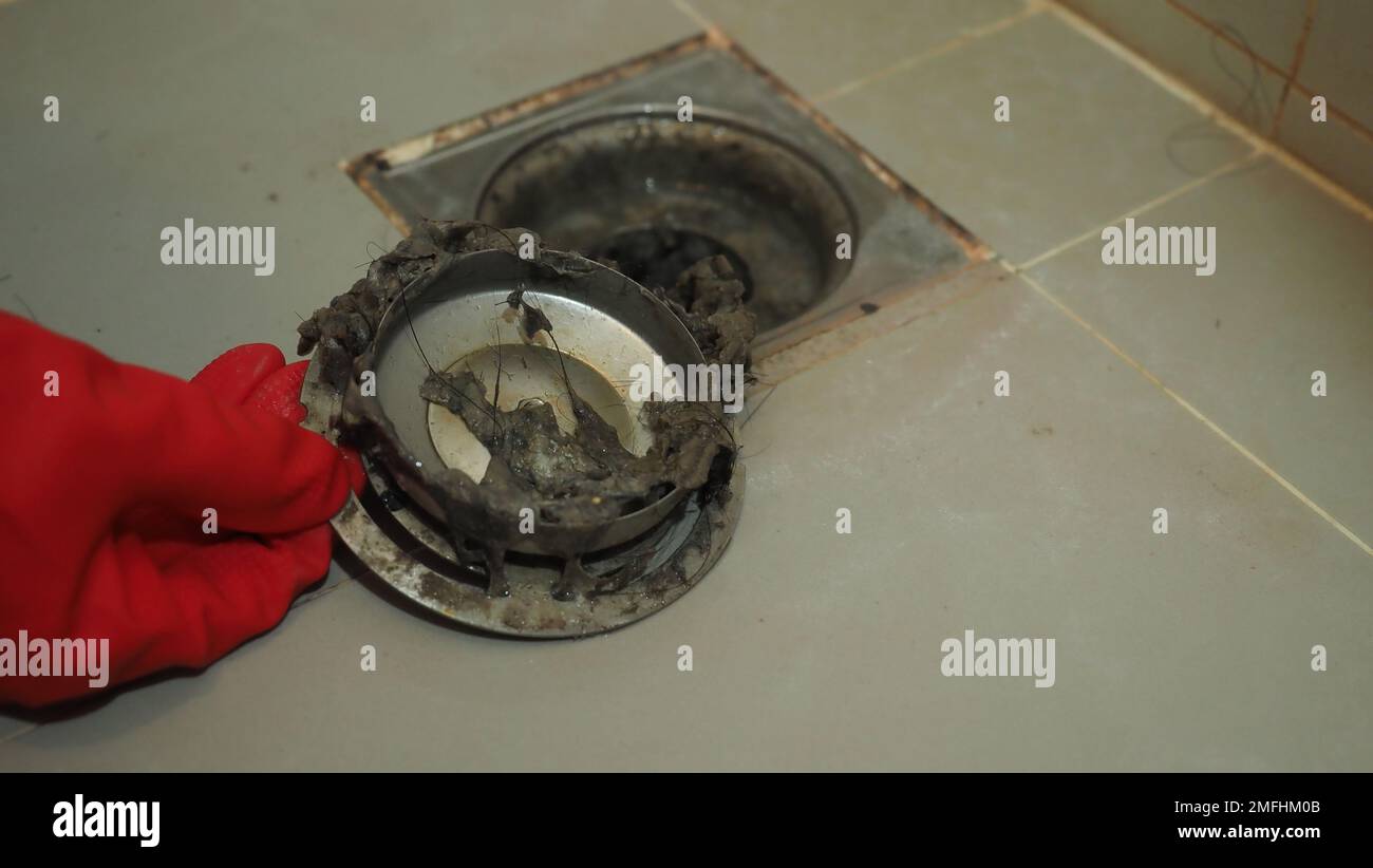 Drain cleaning. Clogged and dirty sewer pipes floor drain. Full of hair