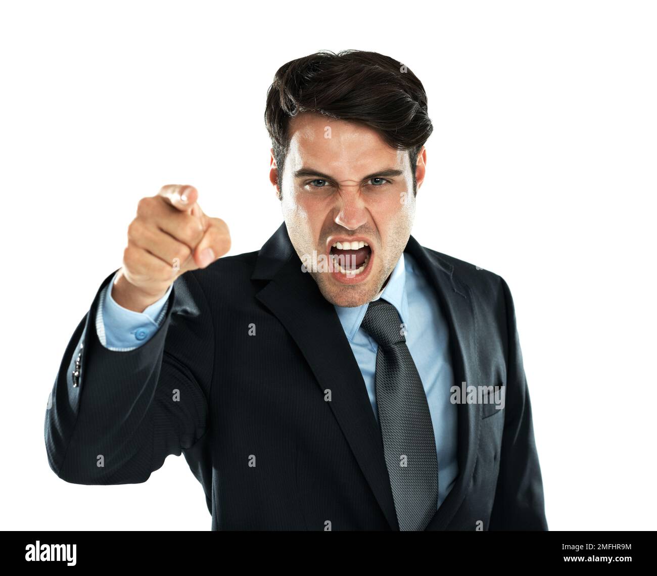 Shouting man, pointing and angry portrait of a business employee