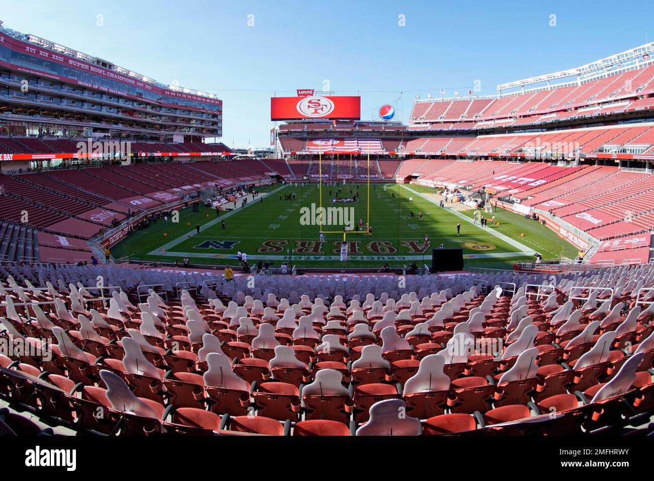 This Oct. 4, 2020, file photo, taken with a fisheye lens, shows an empty Levi's  Stadium before an NFL football game between the San Francisco 49ers and the  Philadelphia Eagles in Santa