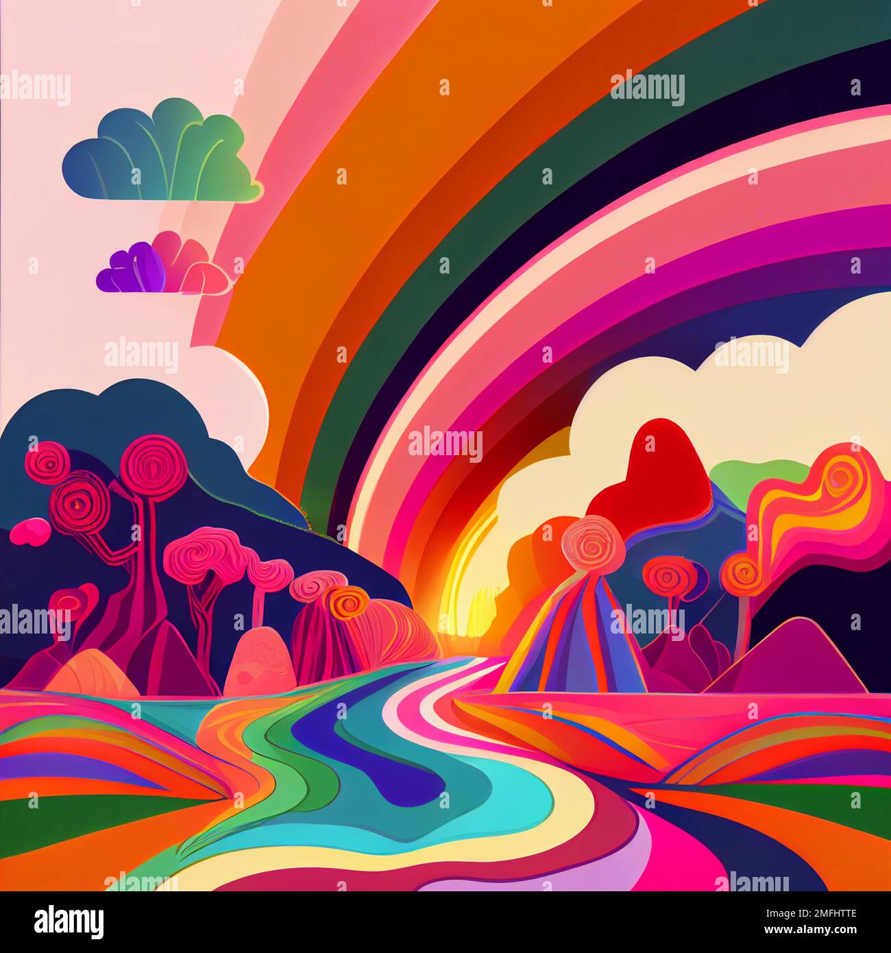 Colorful psychedelic landscape flat cartoon style wallpaper. 70s Hippie Clouds, Rainbows background. ai generative Stock Photo - Alamy Colorful psychedelic landscape flat cartoon style wallpaper. 70s Hippie Clouds, Rainbows background. ai generative Stock Photo - Alamy