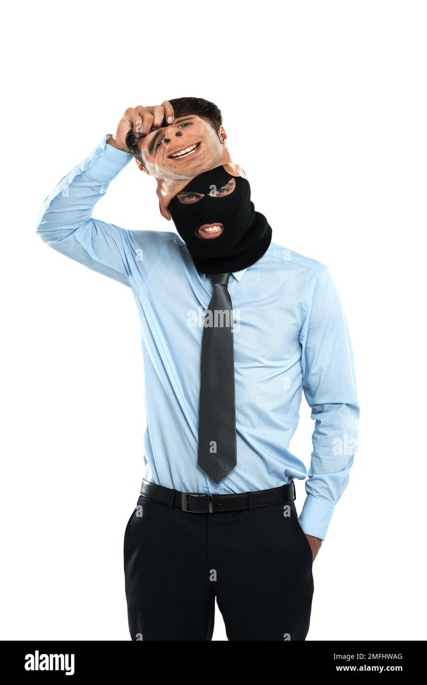 Corruption, thief and mask portrait of businessman hiding identity for fraud and criminal behaviour. Corporate worker with balaclava for theft, scam Stock Photo