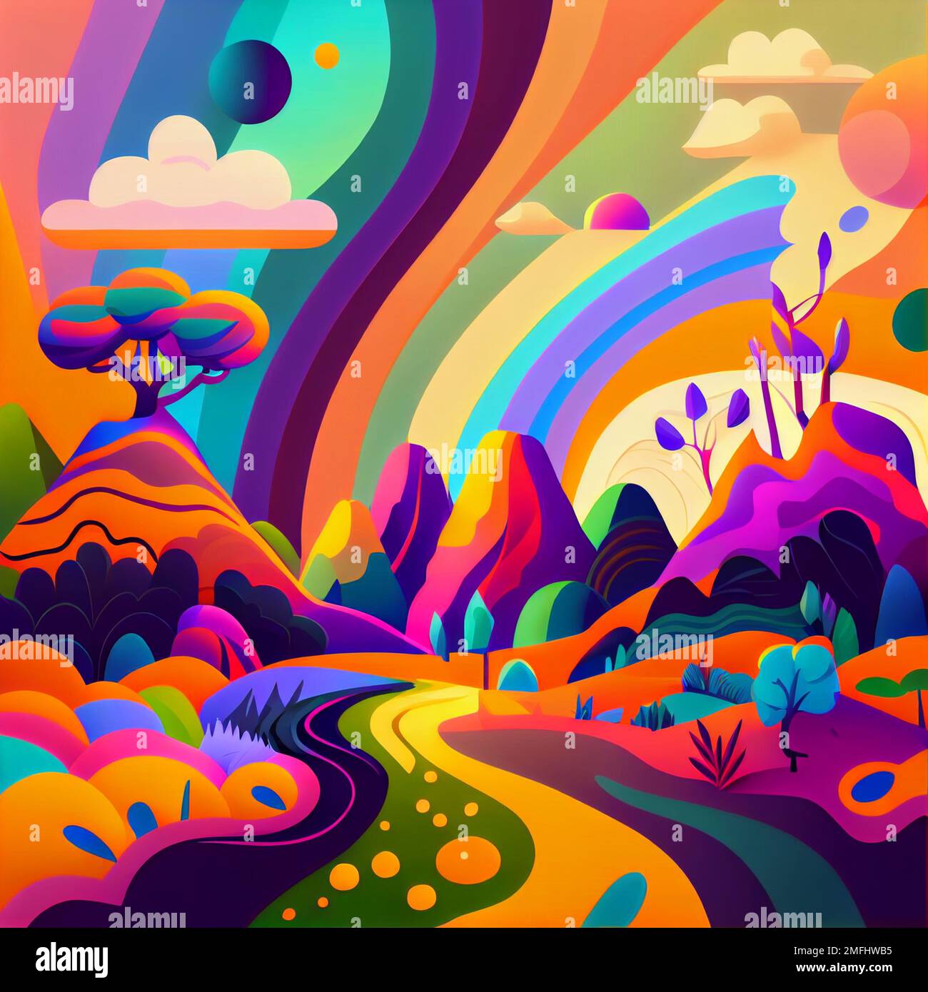 Colorful psychedelic landscape flat cartoon style wallpaper. 70s Hippie Clouds, Rainbows background. ai generative Stock Photo - Alamy Colorful psychedelic landscape flat cartoon style wallpaper. 70s Hippie Clouds, Rainbows background. ai generative Stock Photo - Alamy
