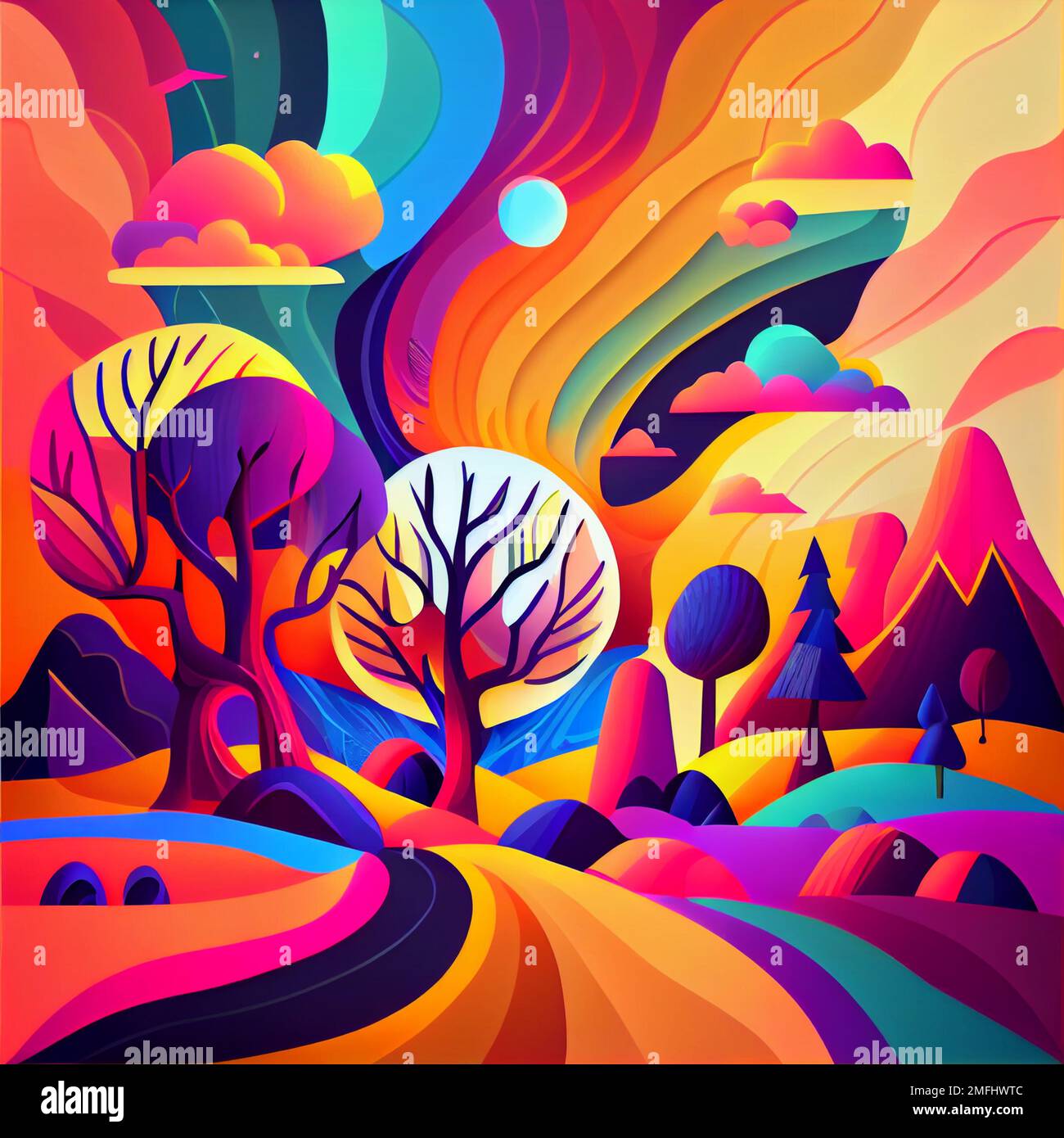 Colorful psychedelic landscape flat cartoon style wallpaper. 70s Hippie  Clouds, Rainbows background. ai generative Stock Photo - Alamy