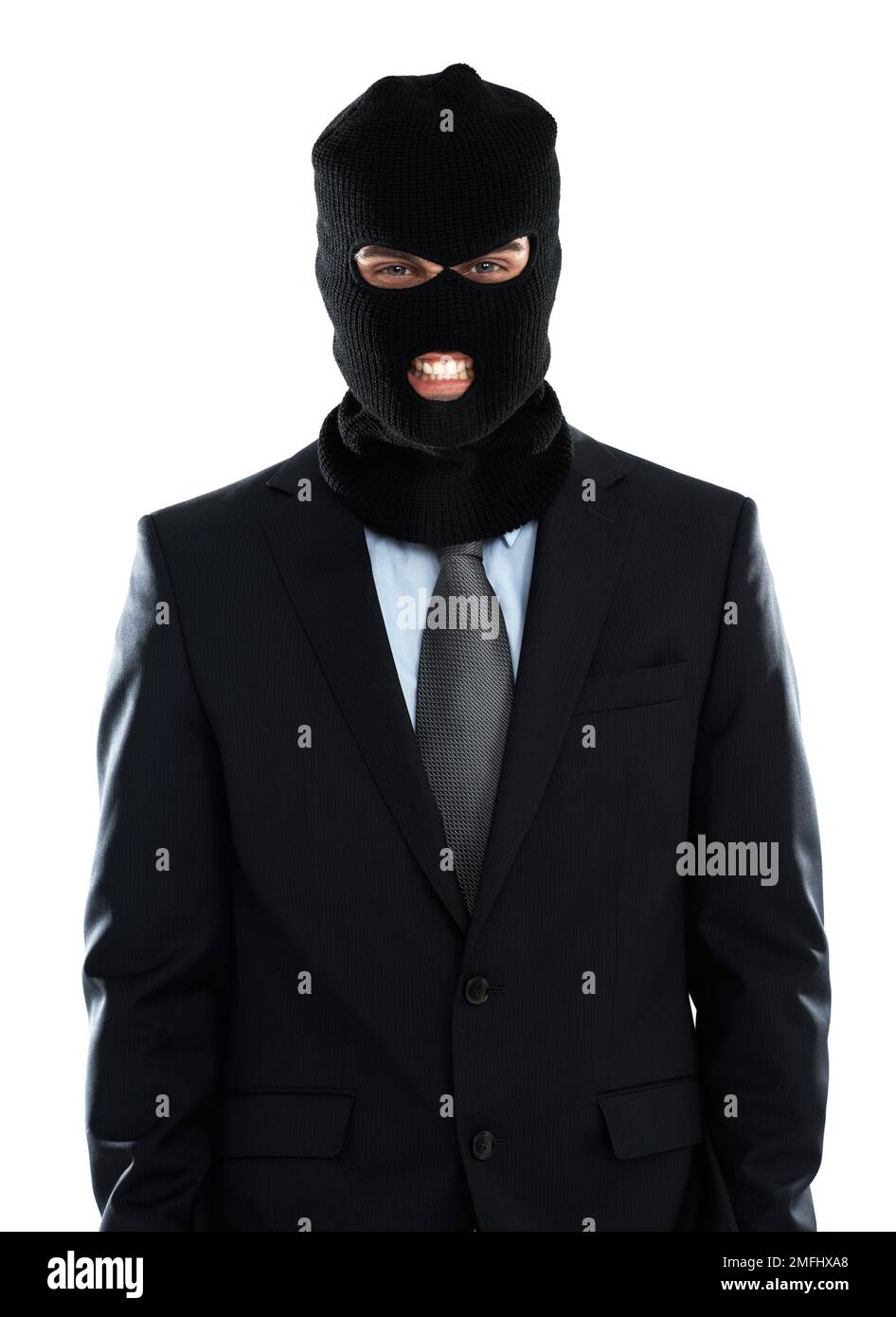 Corporate, crime and mask portrait of businessman hiding identity for