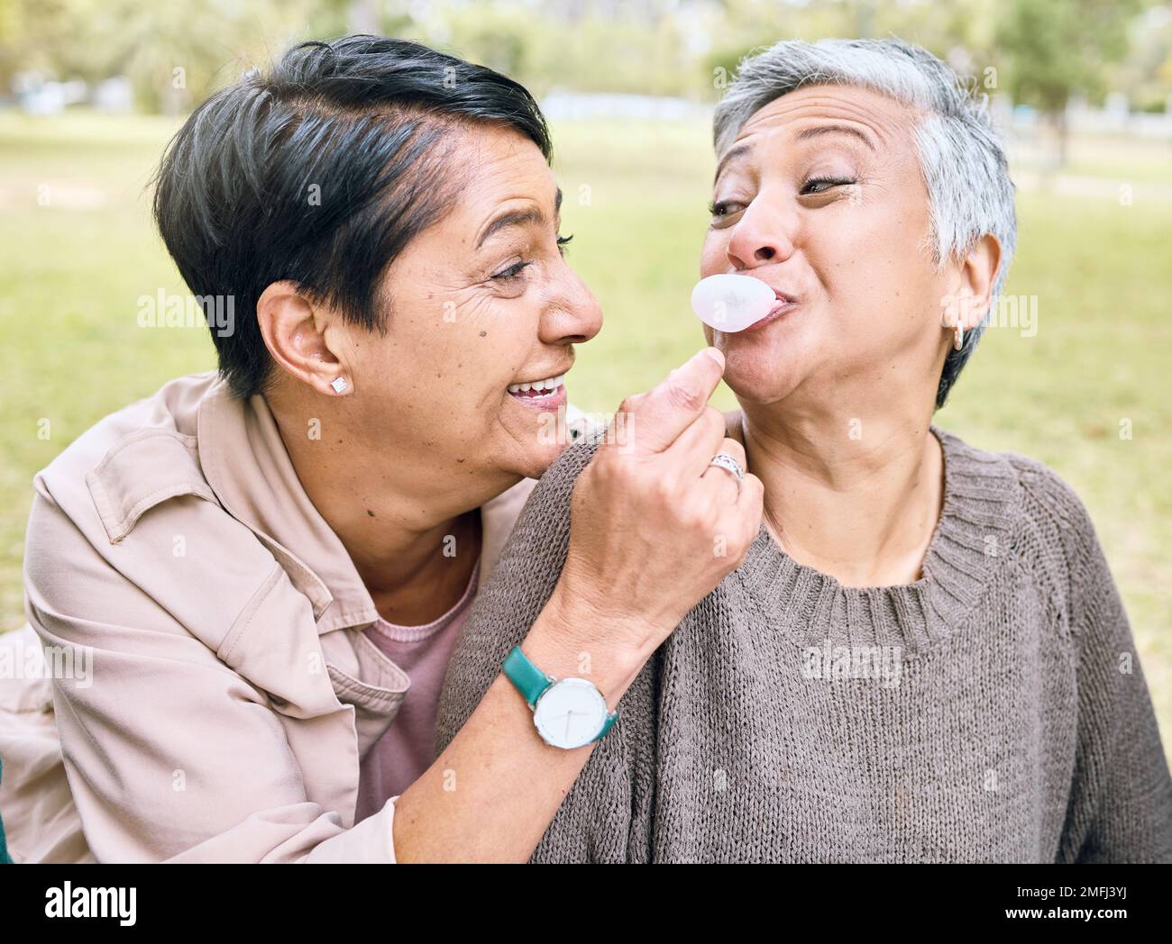 Senior women, bubblegum and couple of friends together outdoor for comic fun while happy on grass. People together in nature for bonding, happiness Stock Photo