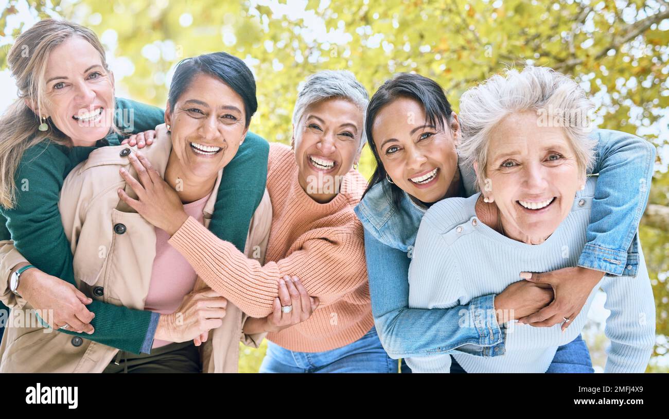 Friends, nature and portrait of group of women enjoying bonding, quality time and relax in retirement together. Diversity, friendship and faces of Stock Photo