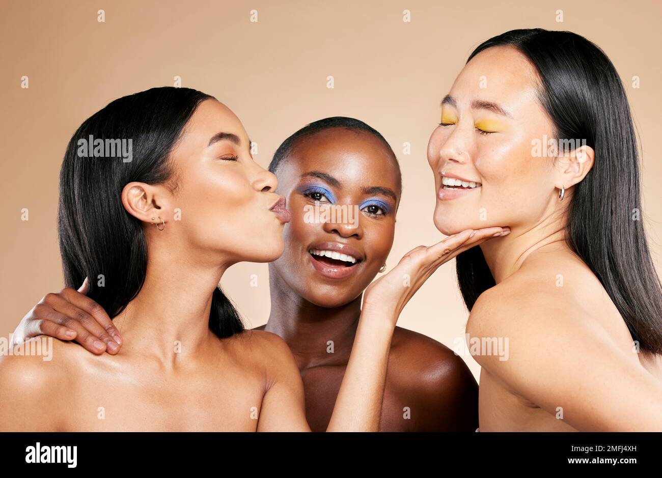 Diversity makeup, woman and happiness smile, funny face and skincare cosmetics beauty or skin dermatology in brown background studio. Model, happy and Stock Photo