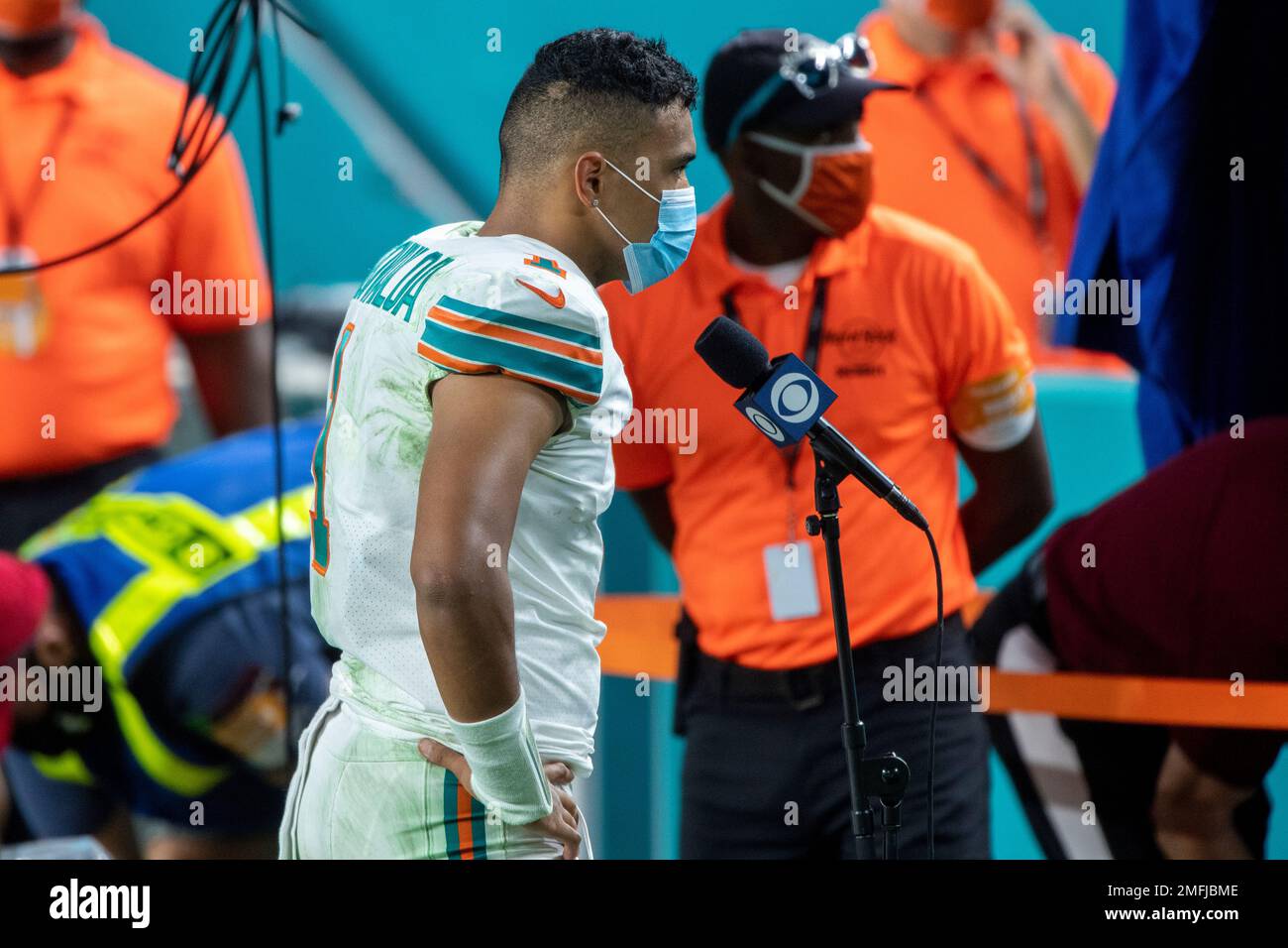 CBS Sports sideline reporter AJ Ross interviews Miami Dolphins quarterback  Tua Tagovailoa (1) on the field after the Dolphins defeated the Cleveland  Browns during an NFL football game, Sunday, Nov. 13, 2022