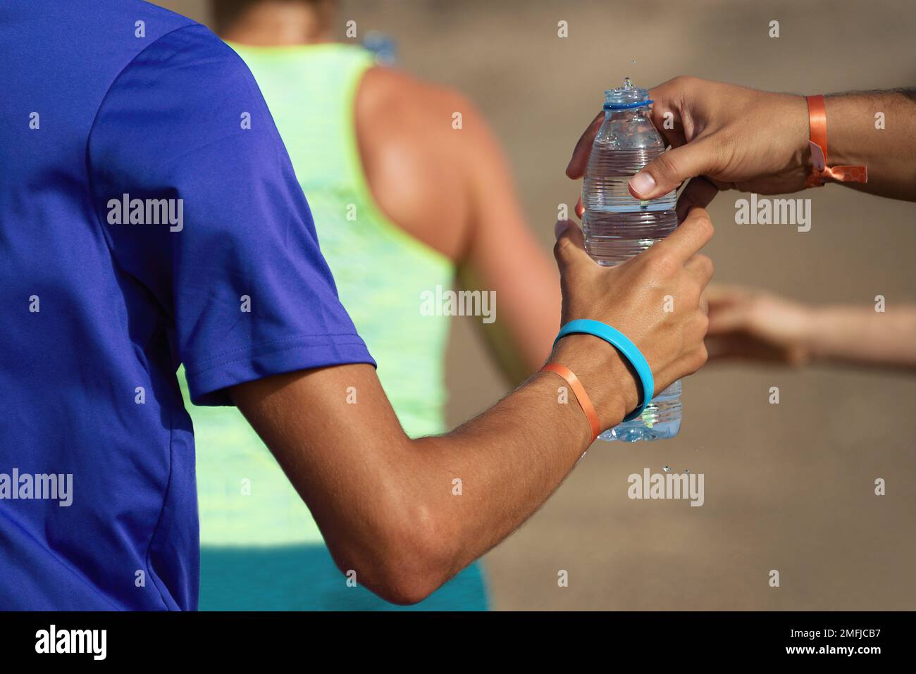 Drinks station at a trail running marathon,hydration drinking during a