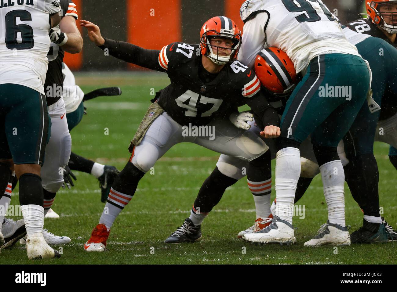 Cleveland Browns long snapper Charley Hughlett (47) blocks during a field  goal attempt during an NFL football game against the Philadelphia Eagles,  Sunday, Nov. 22, 2020, in Cleveland. (AP Photo/Kirk Irwin Stock