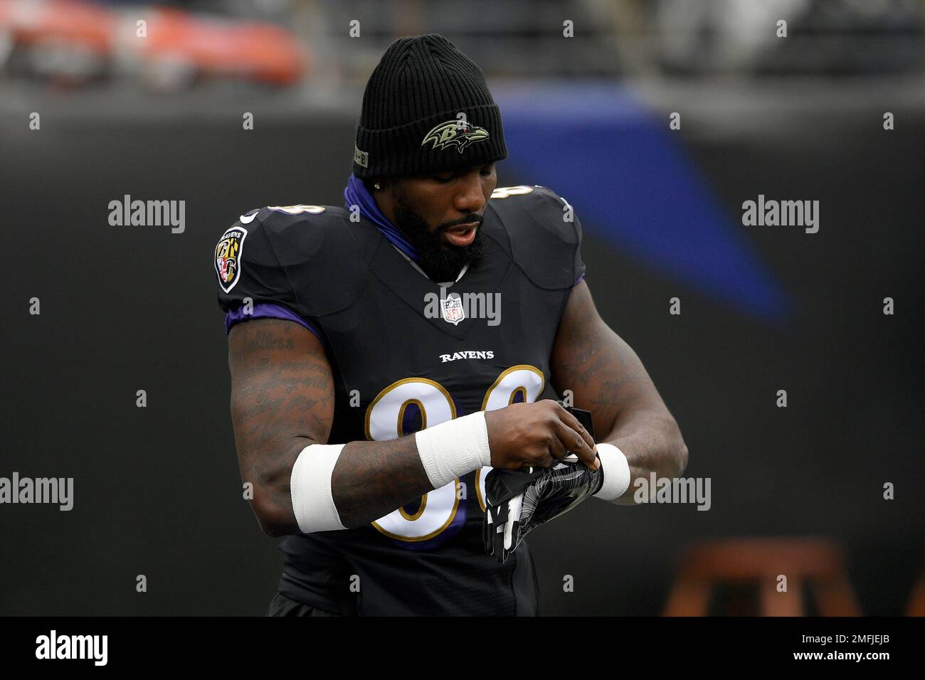 Baltimore Ravens wide receiver Dez Bryant 88 adjusts his gloves before an NFL football game against the Tennessee Titans Sunday Nov. 22 2020 in Baltimore. AP Photo Nick Wass Stock Photo Alamy