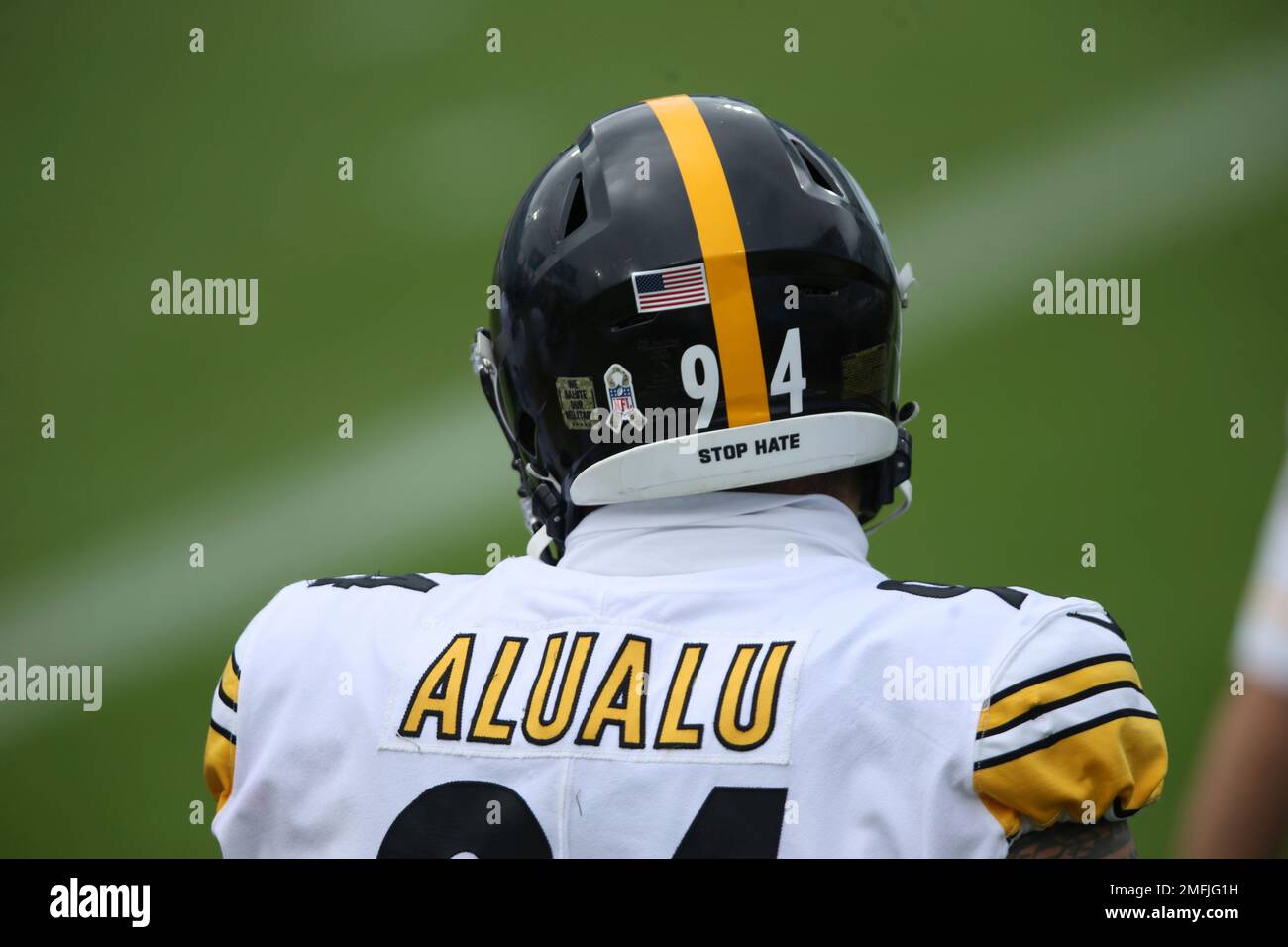 Social Justice message 'Stop Hate' on the helmet of Pittsburgh Steelers  defensive end Tyson Alualu (94) during warm-ups before an NFL football game  against the Jacksonville Jaguars, Sunday, Nov. 22, 2020, in