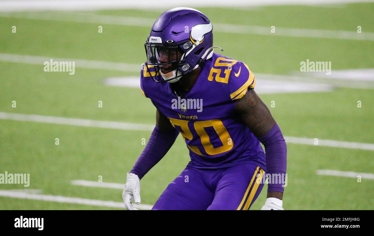 Minnesota Vikings cornerback Jeff Gladney (20) lines up against the Chicago  Bears during an NFL football game, Sunday, Dec. 20, 2020, in Minneapolis.  (Jeff Haynes/AP Images for Panini Stock Photo - Alamy