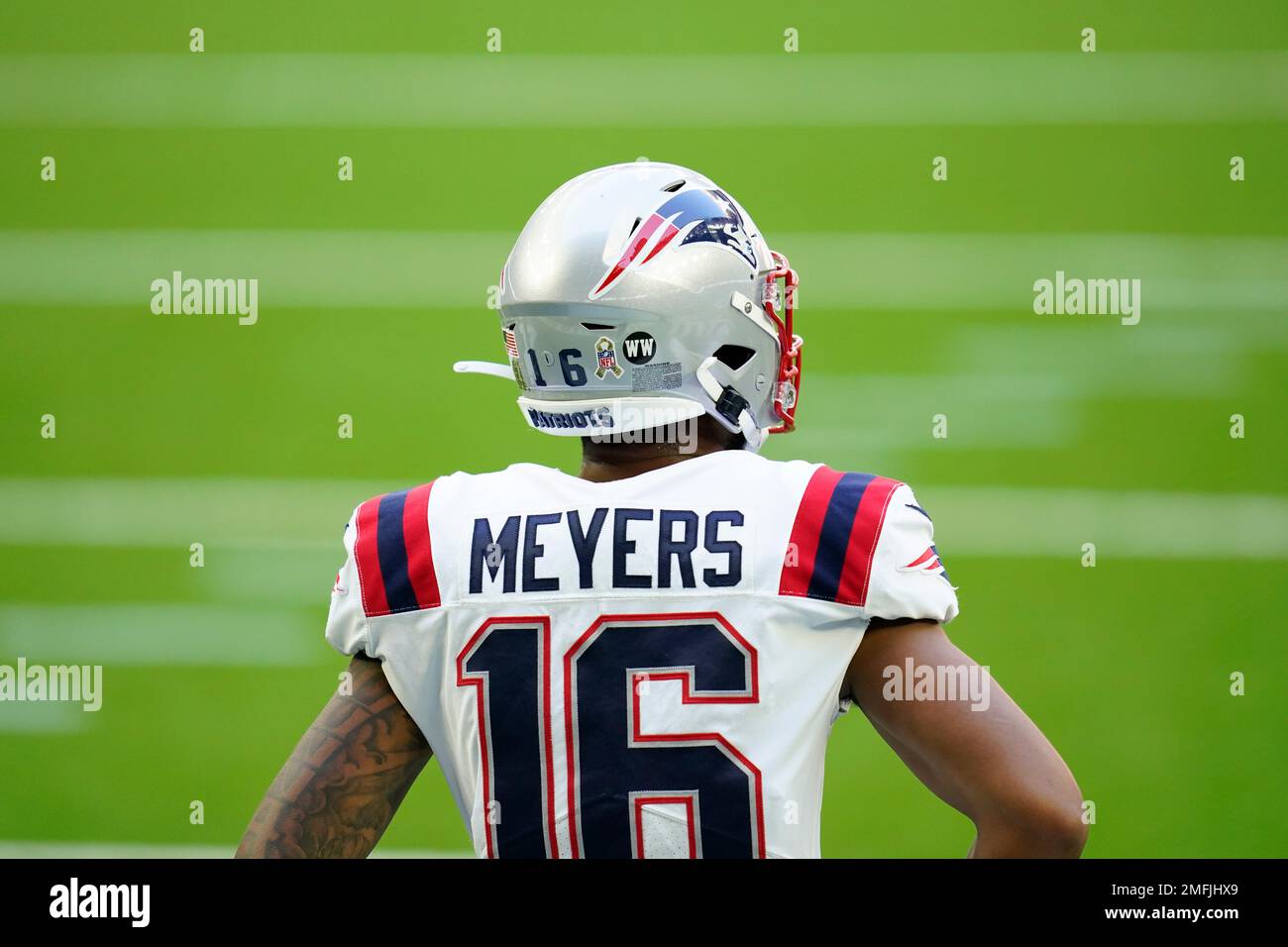 New England Patriots wide receiver Jakobi Meyers (16) is seen from