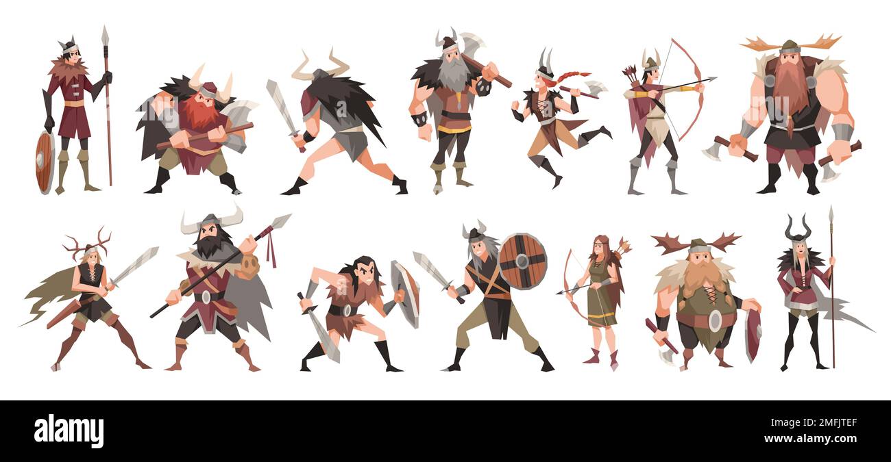 Cartoon viking characters. Funny medieval warriors, women and kids, men