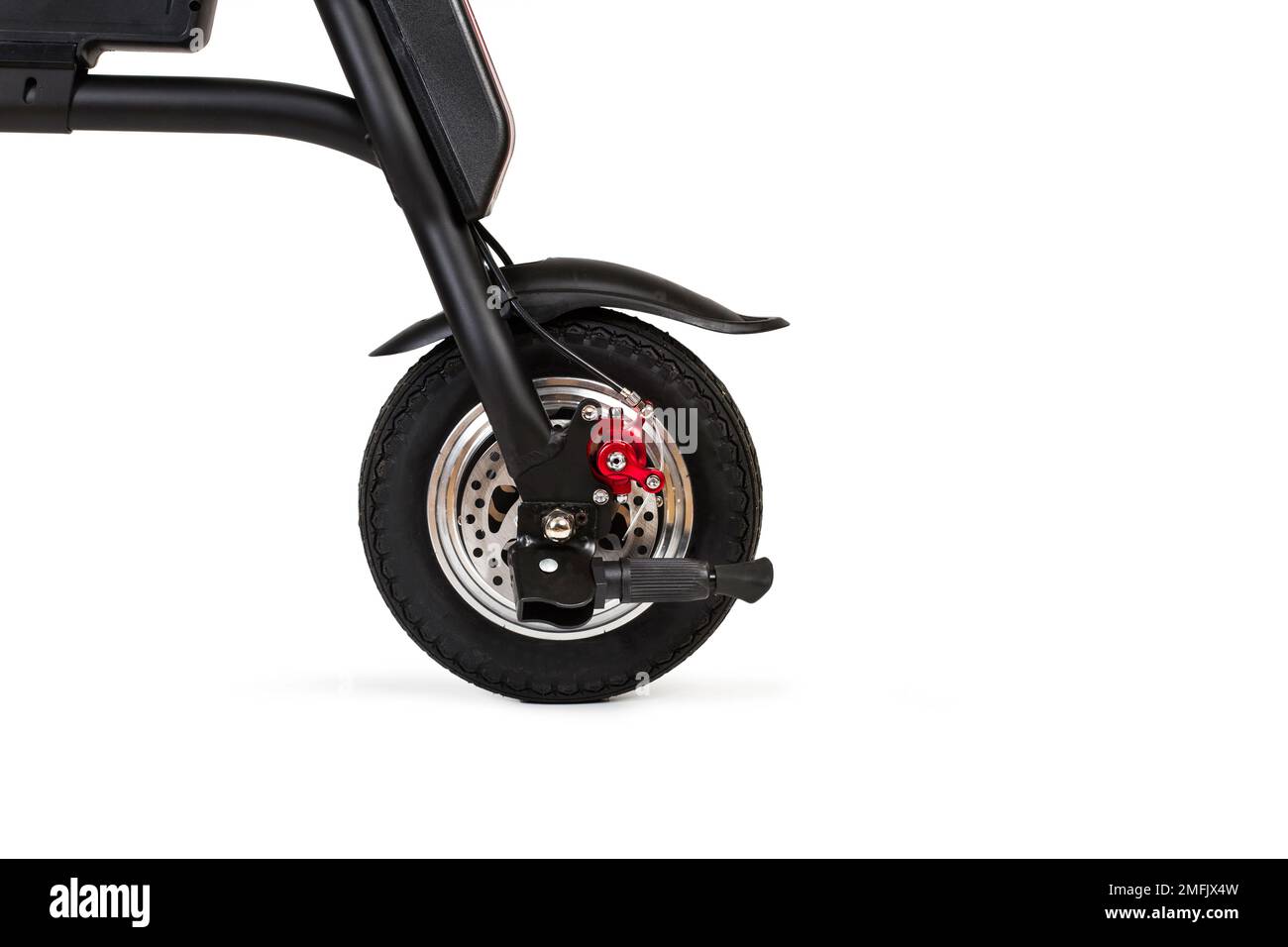 Front end of an electric scooter isolated on a white background with