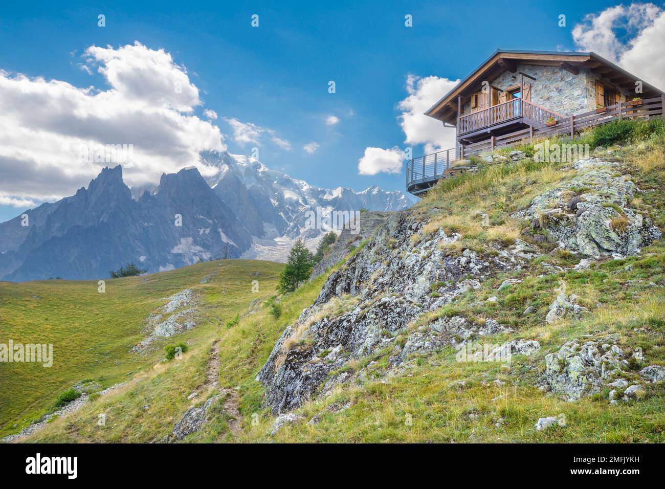 The Mont Blanc massif from chalet Riffugio Bertone Stock Photo