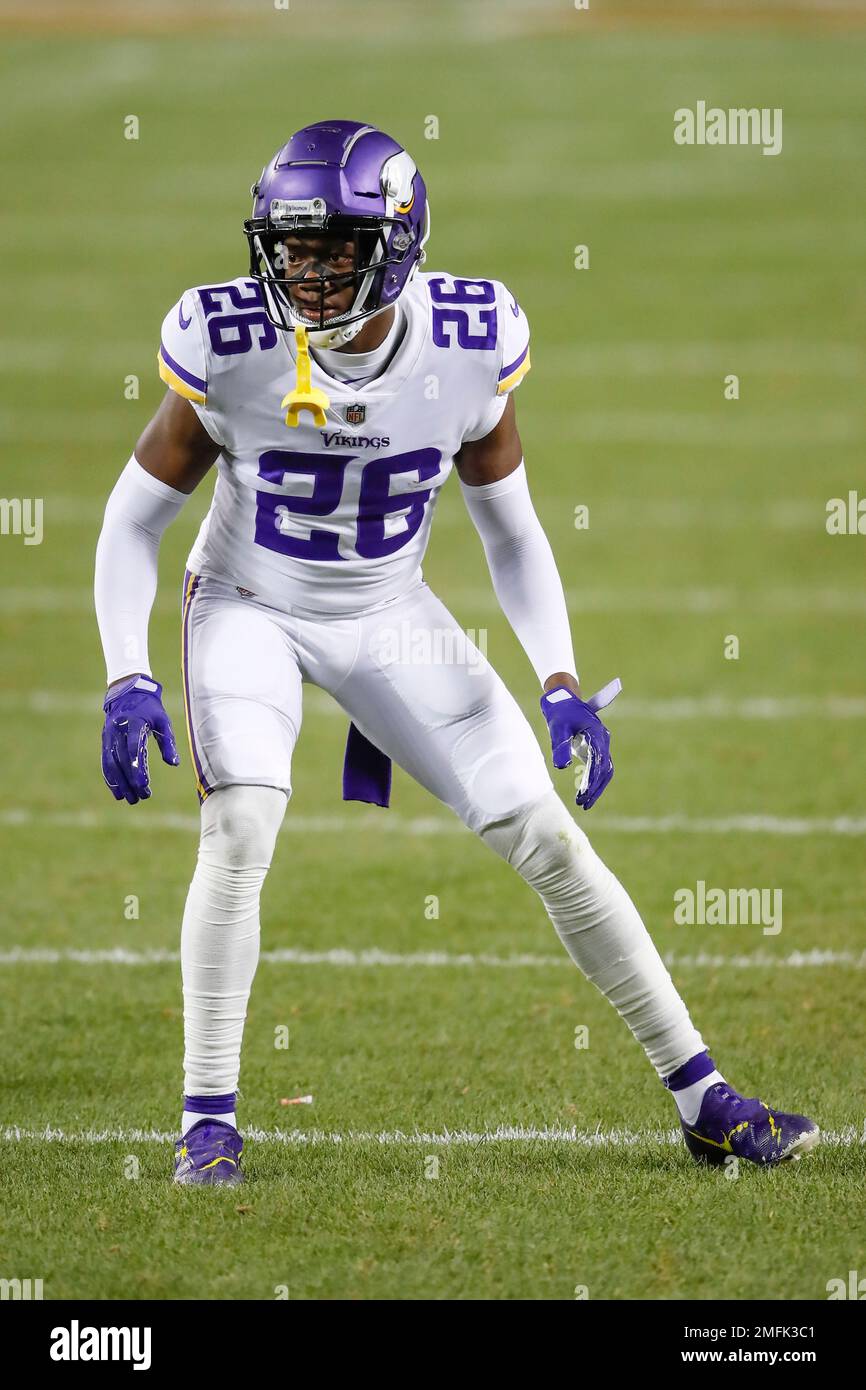 Minnesota Vikings defensive back Chris Jones (26) in action against the  Chicago Bears during the second half of an NFL football game, Monday, Nov.  16, 2020, in Chicago. (AP Photo/Kamil Krzaczynski Stock