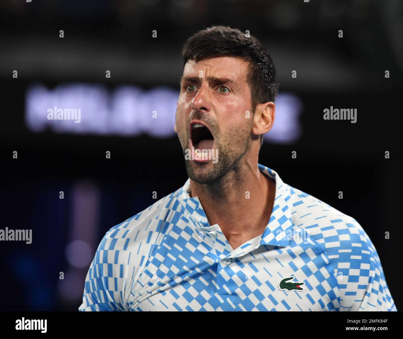 Melbourne, Australia. 25th Jan, 2023. Australian Open 2023 Melbourne Park Day 10 25/01/2023 Novak Djokovic (SRB) lets rip as he wins quarter final match Credit: Roger Parker/Alamy Live News Stock Photo
