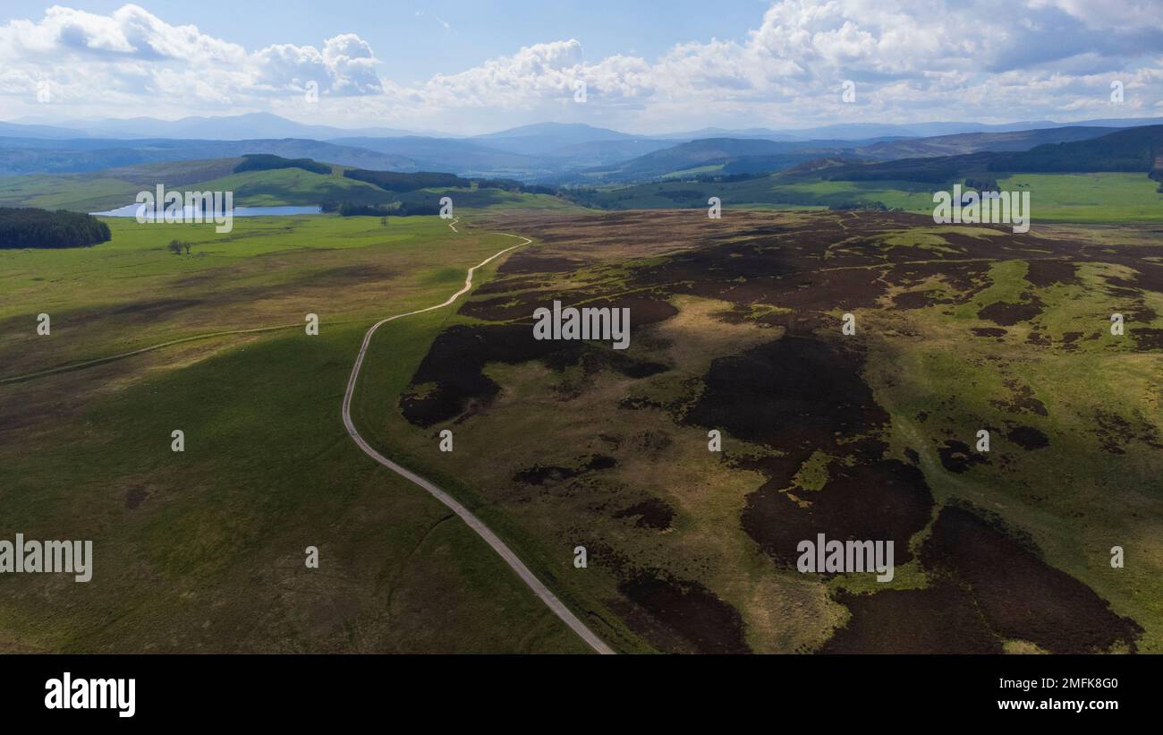 Aerial view of Glen Tilt near Blair Atholl in the Cairngorms National Park of the Scottish Highlands of Scotland, UK Stock Photo