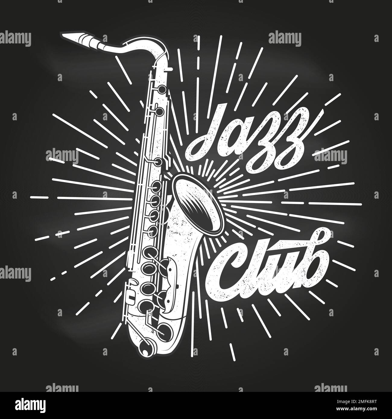 Jazz club, retro music poster, banner on chalkboard. Retro saxophone with sunburst vintage