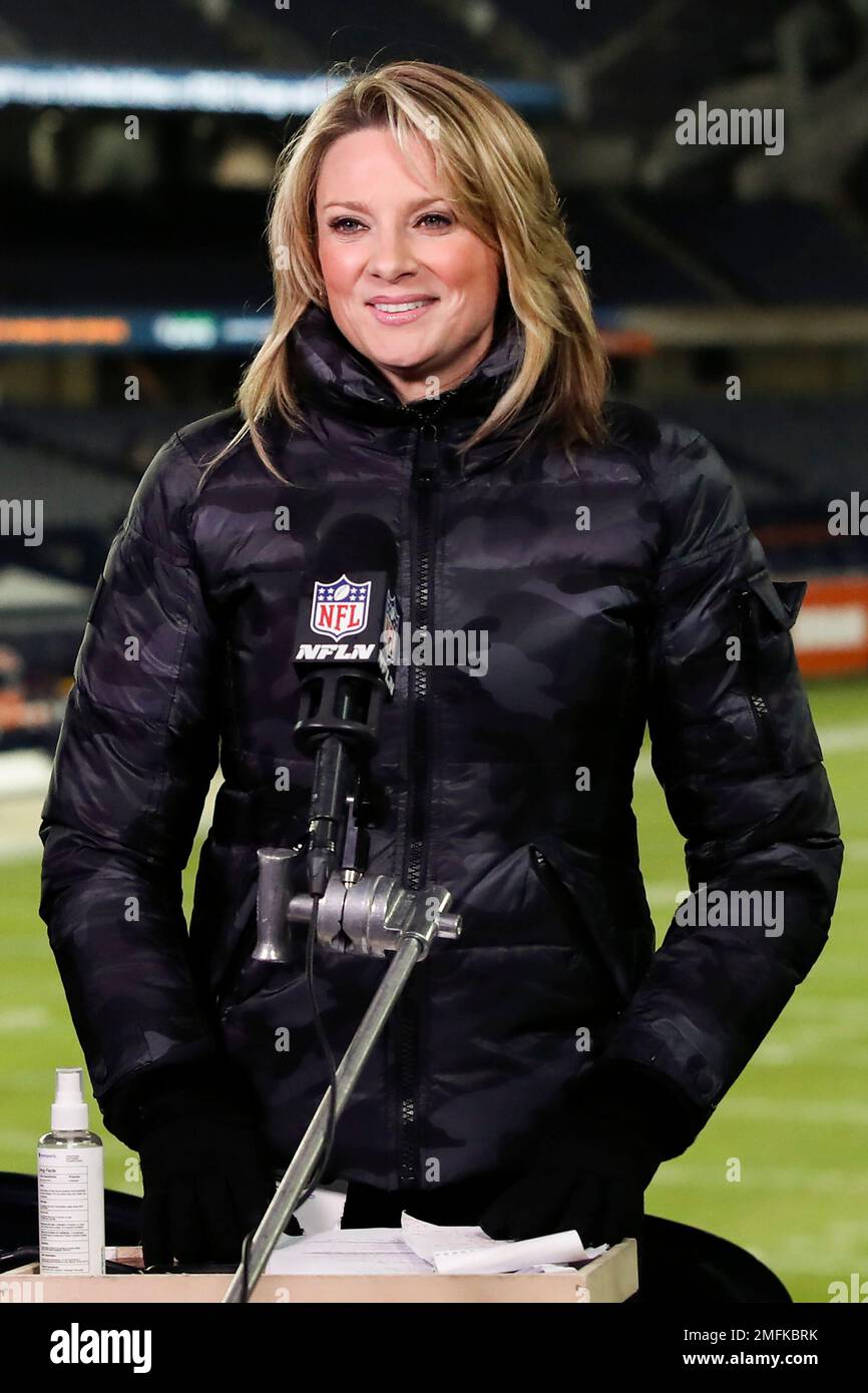 NFL Network reporter Stacey Dales is seen during pregame of an NFL football  game between the Detroit Lions and the Chicago Bears, Thursday, Nov. 25,  2021, in Detroit. (AP Photo/Paul Sancya Stock