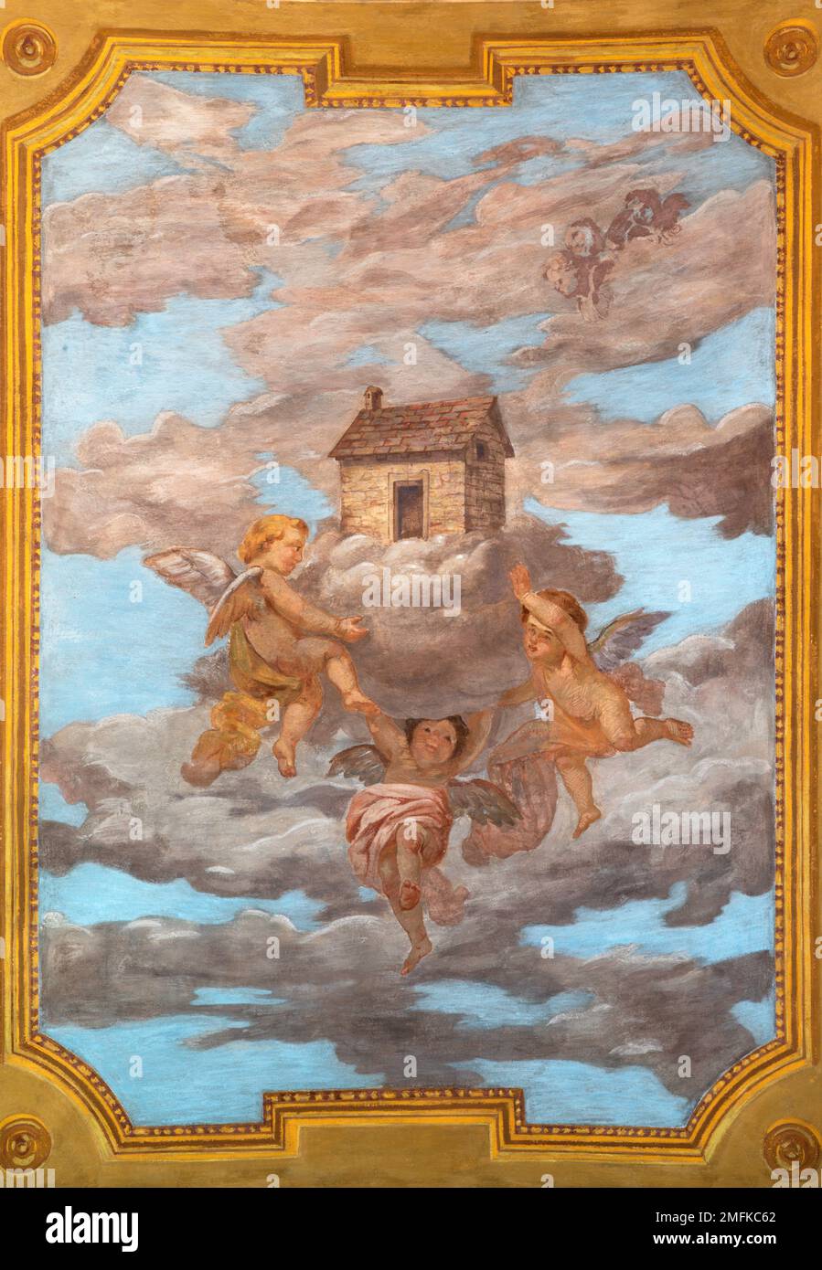 IVREA, ITALY - JULY 15, 2022: The ceiling fresco of angels with House of Nazareth in the church Chiesa di San Salvatore by G. Silvestro (1914). Stock Photo