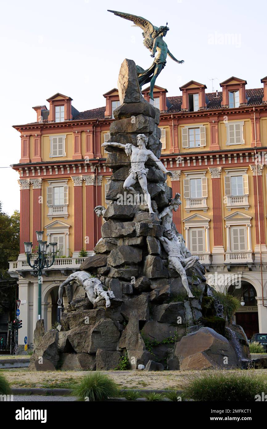 Monument to the Frejus Tunnel on Piazza Statuto in Turin, Italy Stock Photo