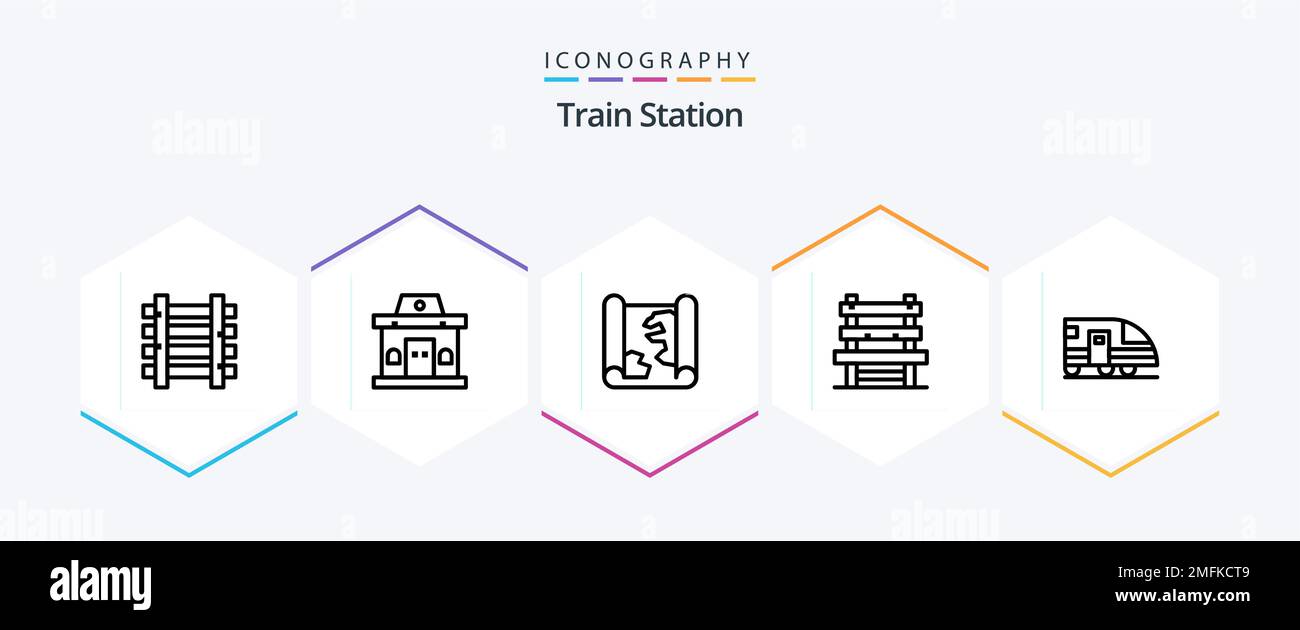 Train Station 25 Line icon pack including subway. waiting. location. station. chair Stock Vector