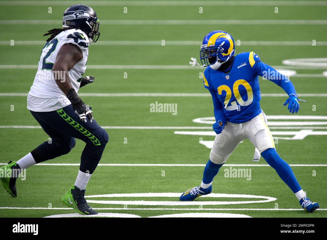 Brandon Shell Nfl Los Angeles Rams cornerback Jalen Ramsey (20), right, looks for space ...