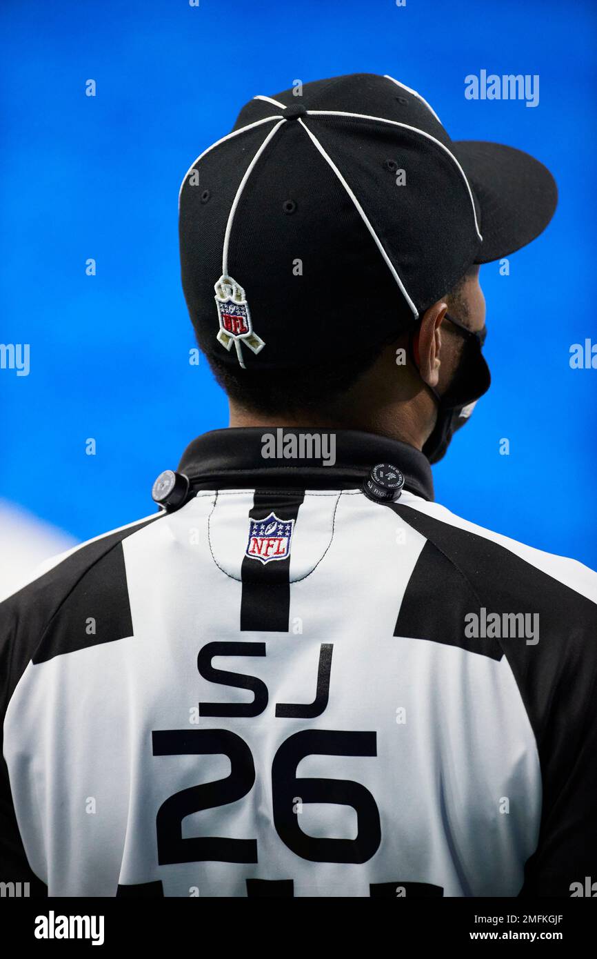 Salute to service patch on the cap of side judge Jabir Walker (26) during  an NFL football game between the Washington Football Team and Detroit  Lions, Sunday, Nov. 15, 2020, in Detroit. (