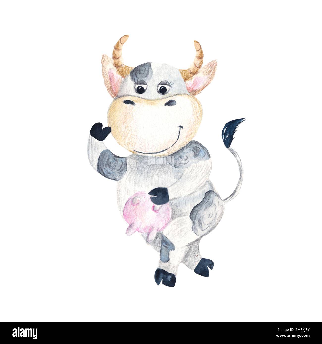 Cute baby cow. Isolated on white background. Watercolor hand drawn illustration. Perfect for kids cards and posters, clothes prints, stickers Stock Photo