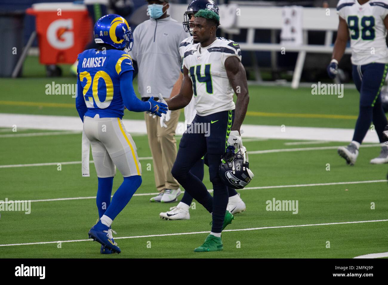 Los Angeles Rams cornerback Jalen Ramsey (20), left, shakes hands with