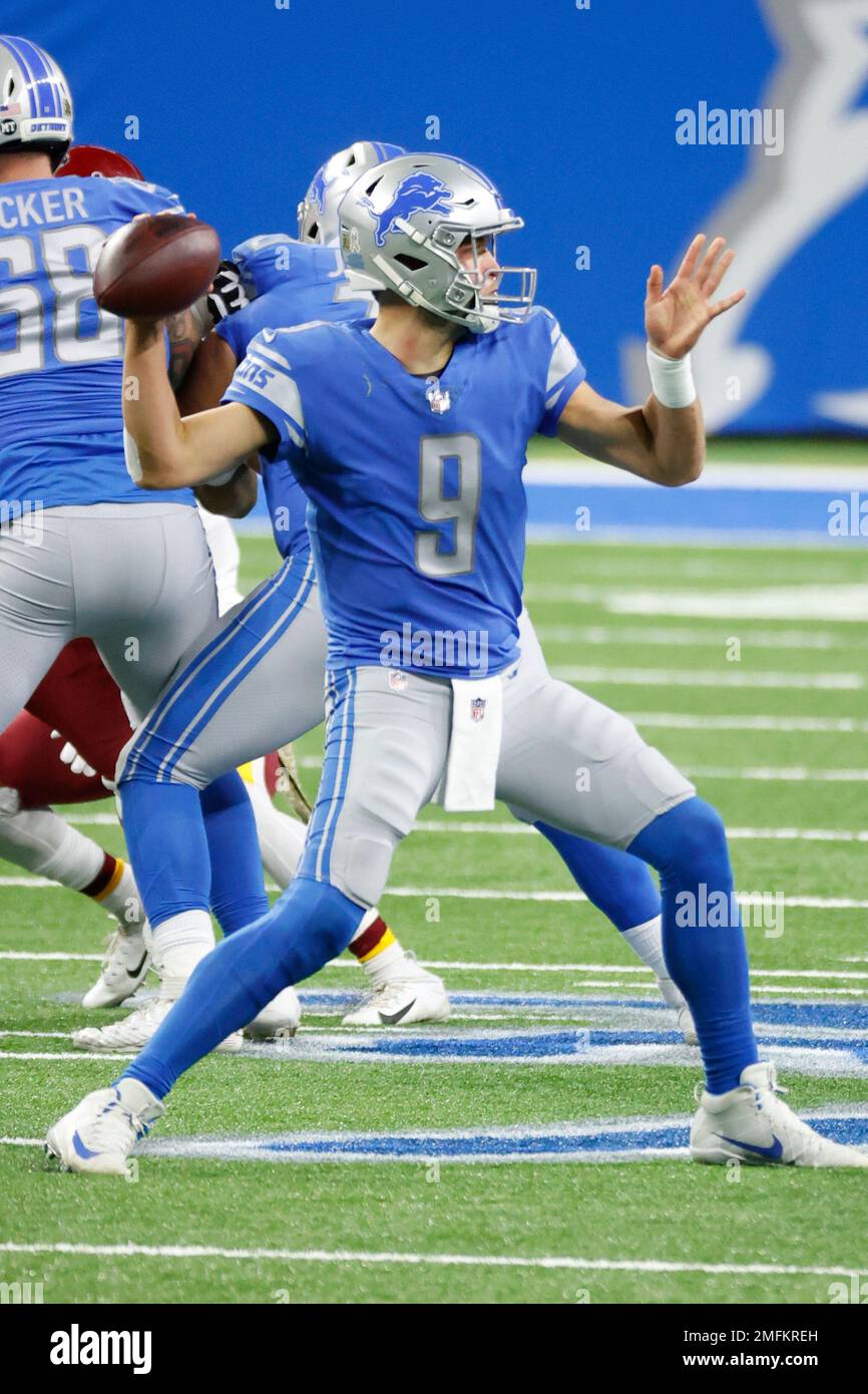 Detroit Lions quarterback Matthew Stafford (9) passes against the Washington Football during an NFL football game, Sunday, Nov. 15, 2020, in Detroit. (AP Photo/Rick Osentoski) Stock Photo