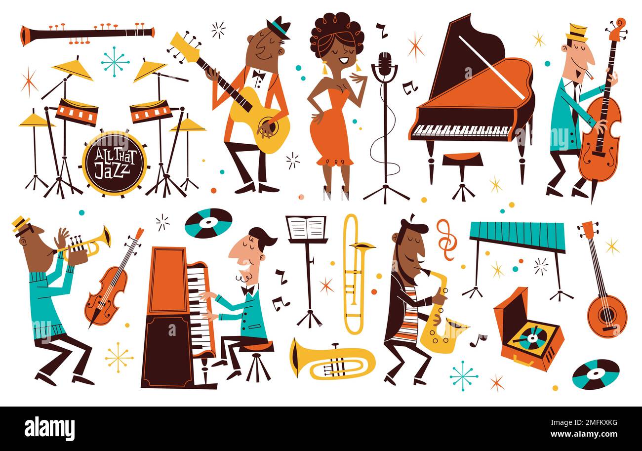 Cartoon jazz music. Cute professional musicians with instruments, comic funny characters, orchestra performance, singer, saxophonist and pianist Stock Vector