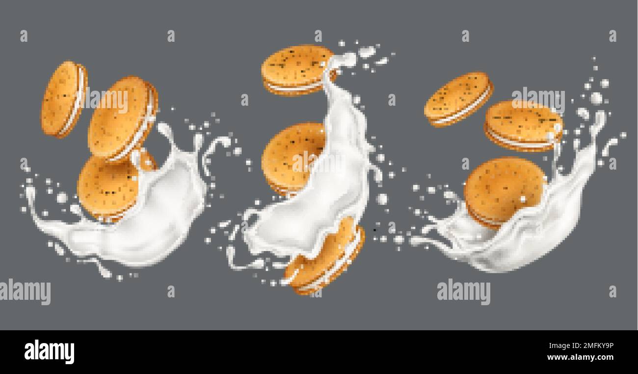 Cookies and milk splashes. Realistic biscuits with cream layer