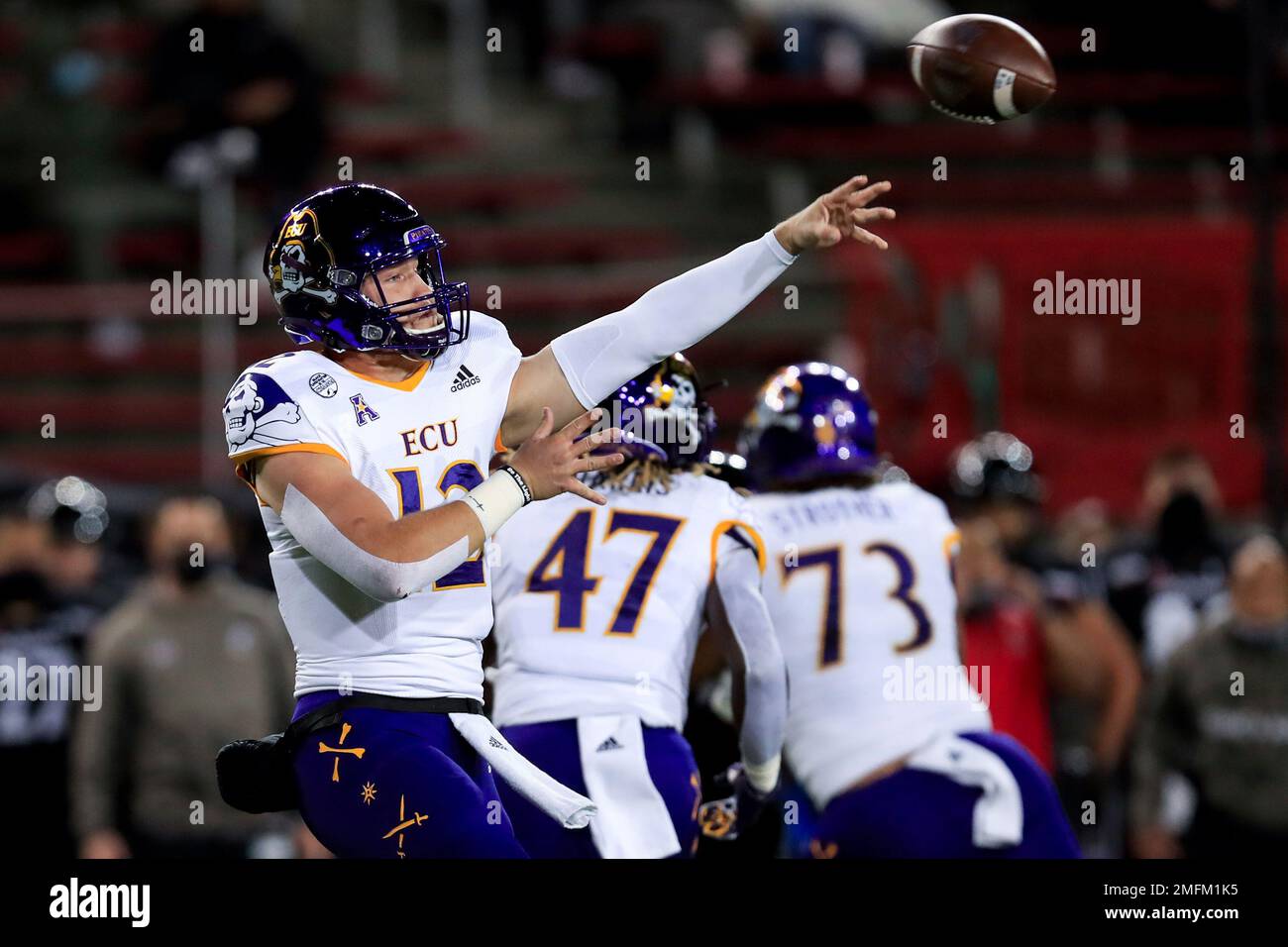East Carolina quarterback Holton Ahlers throws a pass during the first