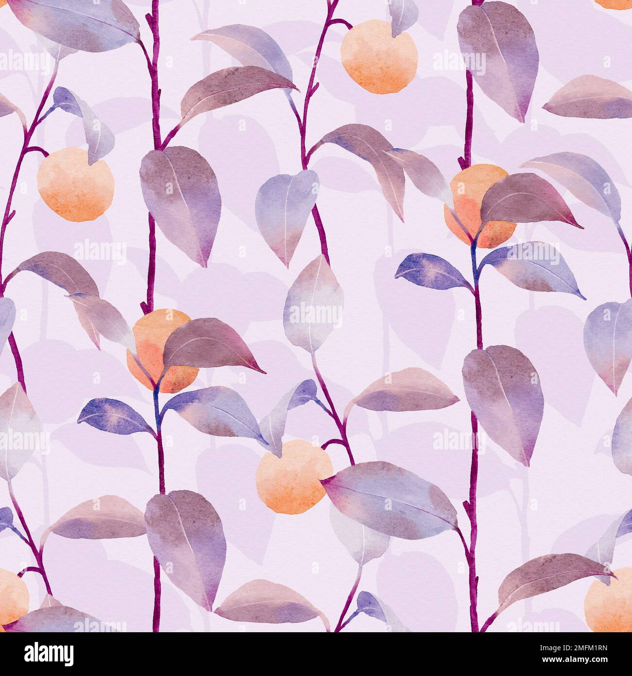 Watercolor seamless pattern with yellow lemons and leaves on light background. Stock Photo