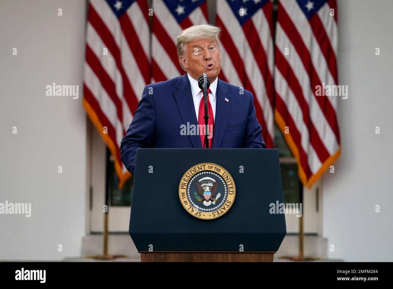 President Donald Trump speaks in the Rose Garden of the White House ...