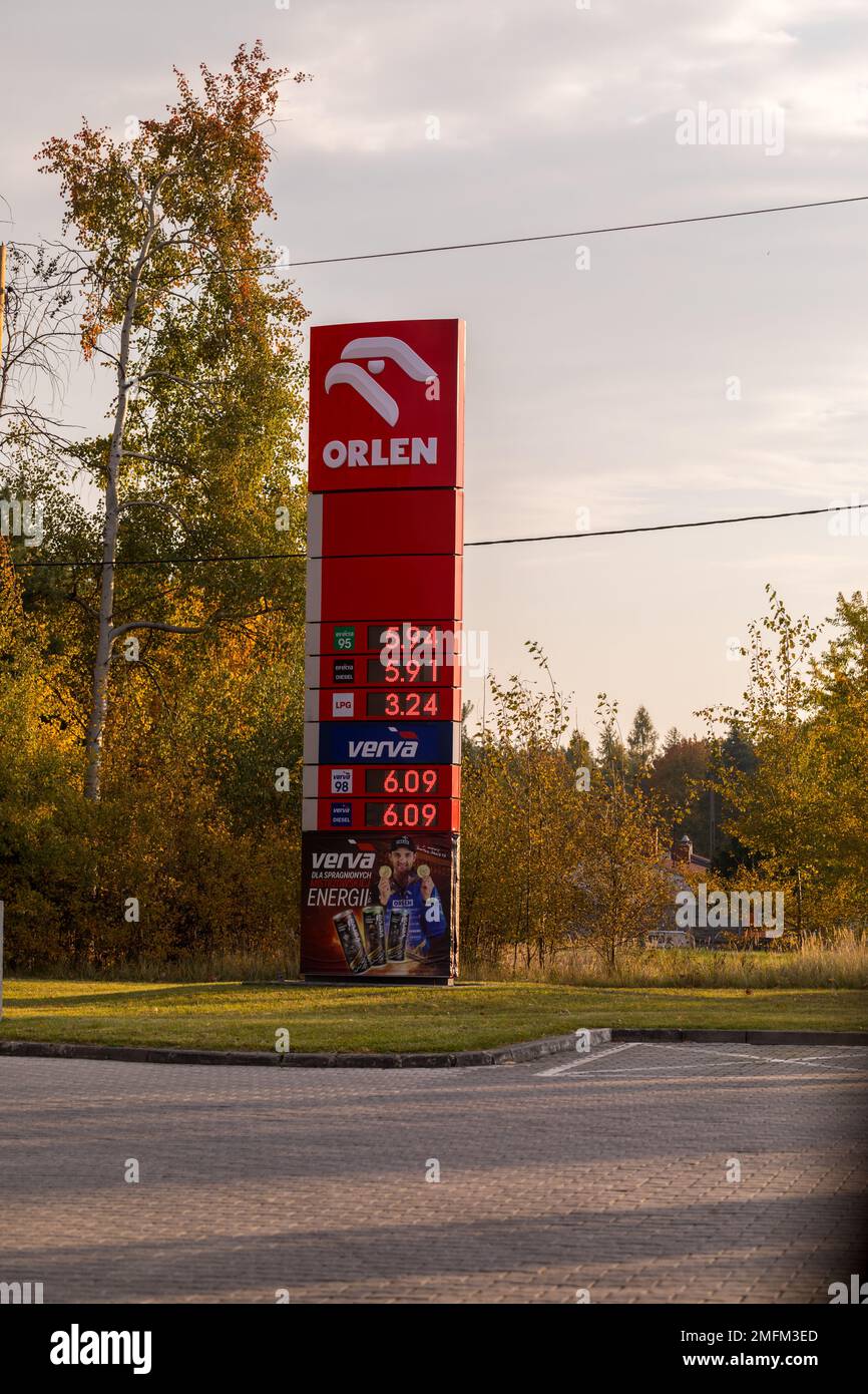 Silesia,PolandOctober,21,2021.The poster with the name of the Orlen